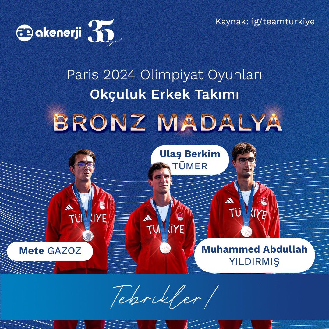 AkenerjiCorp's tweet photo. Paris 2024 Olimpiyatları'nda ülkemizi gururlandıran madalya kazanan tüm sporcularımızı yürekten tebrik ediyoruz! 

Enerjinizle daha nice zaferlere imza atmanız dileğiyle, hep birlikte daha yükseğe! 🇹🇷👏

#Paris2024 https://t.co/Pvt5Rl437Y
