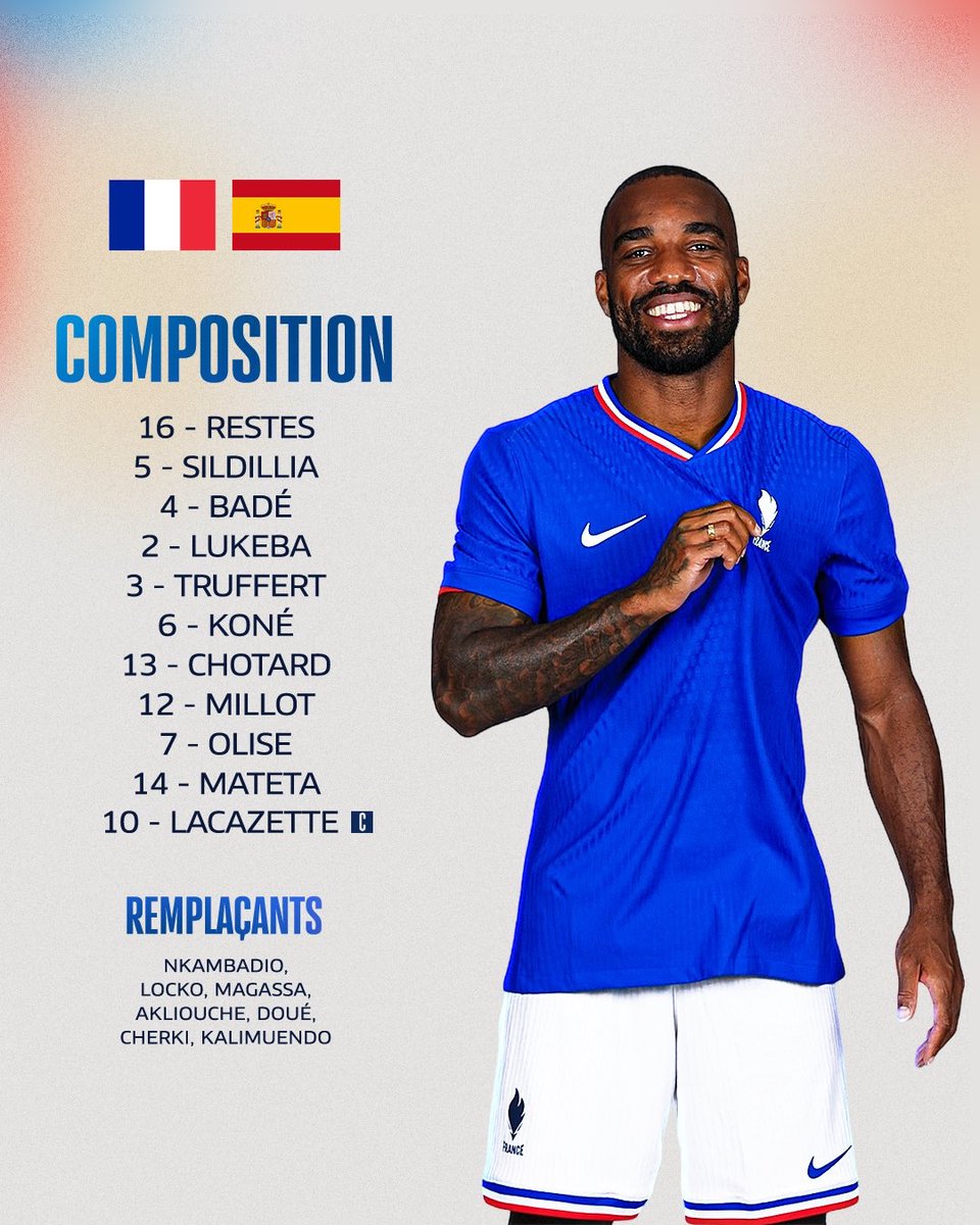 ActuFoot_'s tweet photo. 🚨 OFFICIEL ! Voici le XI de la France pour affronter l’Espagne en finale des #JeuxOlympiques ! ⚔️🇫🇷

On veut l’Or ! 🫡

📸 @equipedefrance https://t.co/Fxdl1vFdXy