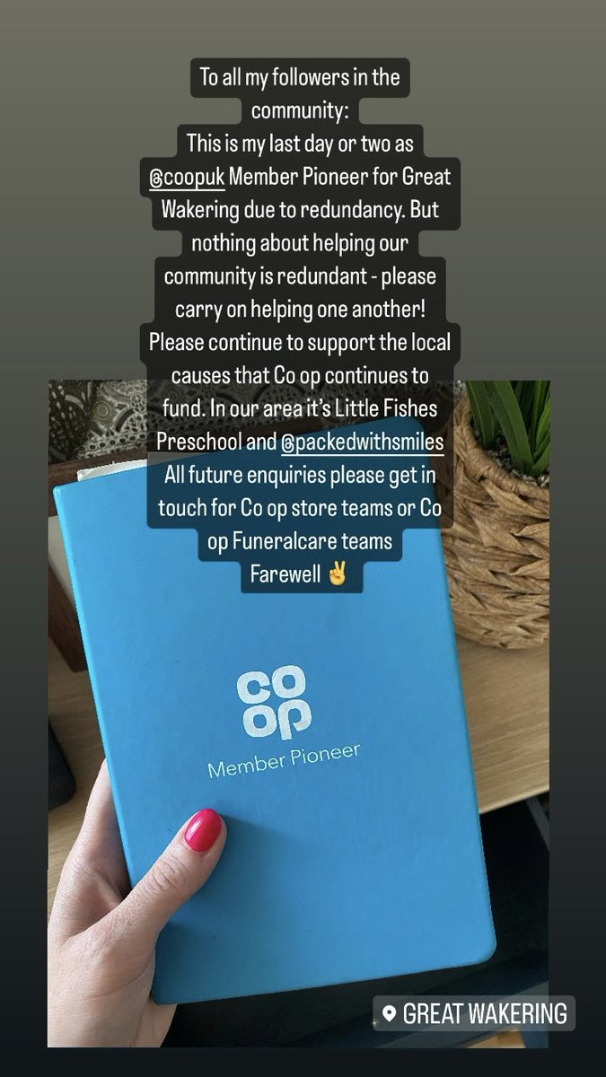 To all my followers in the community:
This is my last day or two as <a href="/coopuk/">Co-op</a> Member Pioneer for Great Wakering due to redundancy. But nothing about helping our community is redundant - please carry on helping one another!