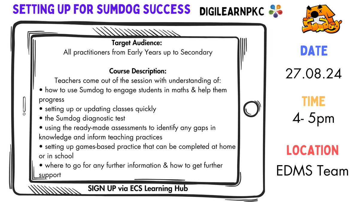 DigiLearnPKC (@digilearnpkc) on Twitter photo REMINDER
27th August
<a href="/sumdog/">Sumdog</a> training
Learn how to utilise the games- based learning tool Sumdog. There have been many exciting updates to this website and this training is not to be missed.
Sign up via <a href="/EcsLearning/">ECS Learning Hub</a>
<a href="/PKCEducation/">PKC Education</a> <a href="/PKCTeach/">PKC Learning and Teaching</a> <a href="/NumeracyPKC1/">Numeracy@PKC</a> REMINDER
27th August
<a href="/sumdog/">Sumdog</a> training
Learn how to utilise the games- based learning tool Sumdog. There have been many exciting updates to this website and this training is not to be missed.
Sign up via <a href="/EcsLearning/">ECS Learning Hub</a>
<a href="/PKCEducation/">PKC Education</a> <a href="/PKCTeach/">PKC Learning and Teaching</a> <a href="/NumeracyPKC1/">Numeracy@PKC</a>