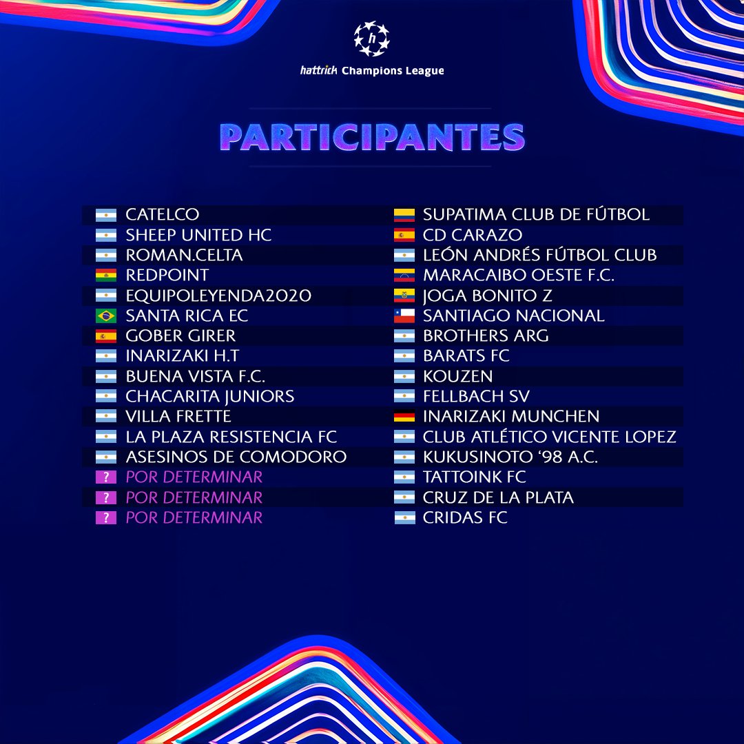 LegendOfLola's tweet photo. 💫 𝐄𝐒𝐓𝐑𝐄𝐋𝐋𝐀𝐒 𝐄𝐍 𝐄𝐋 𝐂𝐀𝐌𝐏𝐎
Estos son los 29 equipos que ya dieron el SÍ a la 𝙝𝙖𝙩𝙩𝙧𝙞𝙘𝙠 Champions League. Quedan tres cupos restantes para ver magia en vivo y en directo.
#HTCL #VillaFrette #BigPapaMasterclass #Hattrick https://t.co/cfUcTLJdUx