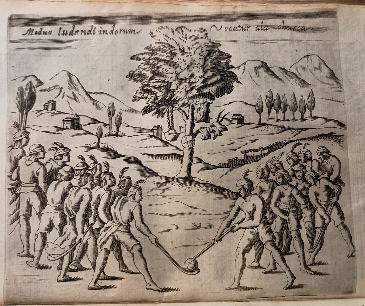 It's medals day for hockey at the #olympics . This 1647 engraving shows Mapuche people from Chile playing the game palin, one of the many ancestors of modern field hockey, and still played today.
