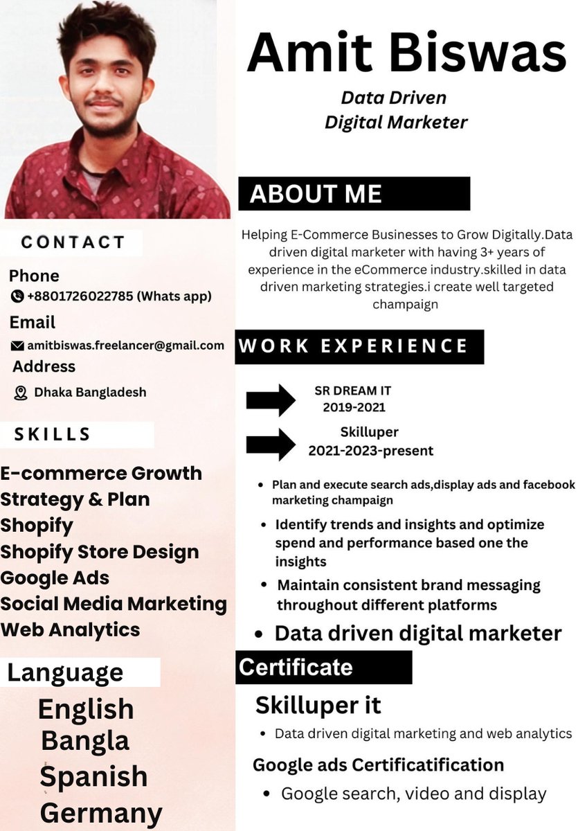 Resume 👨‍💻👨‍⚕️
Hello eCommerce Business Owner/B2B/ Local Business Owner !! I just wanted to introduce myself I am a Data-Driven Digital Marketer "Expert in #googleads,#facebookads  &amp;  #webanalytics, #shopify    
Let's Connect🫰
Thanks!!😊
 #digitalmarketer #marketingconsultant