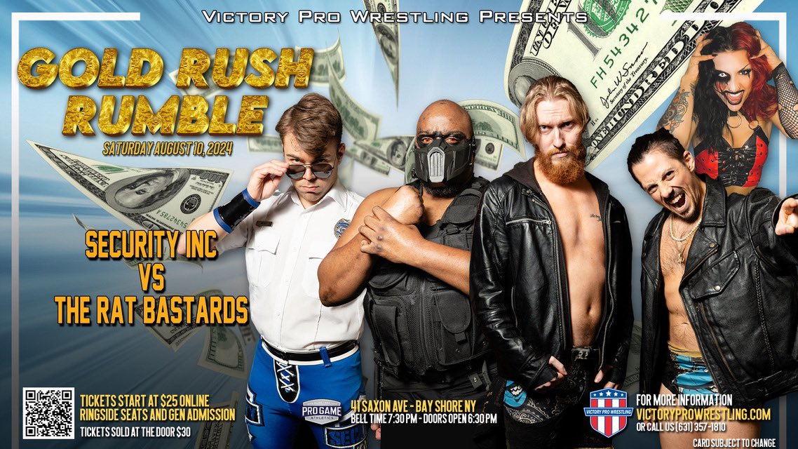 Security Inc. (@securityincpro) on Twitter photo TOMORROW NIGHT! The Rat Bastards have toyed with us for the last time…
We are finally going to bring them to JUSTICE! 🚨
<a href="/VPW_Wrestling/">Victory Pro Wrestling, Inc</a> #GoldRushRumble 💵
🎟️: VictoryProWrestling.com TOMORROW NIGHT! The Rat Bastards have toyed with us for the last time…
We are finally going to bring them to JUSTICE! 🚨
<a href="/VPW_Wrestling/">Victory Pro Wrestling, Inc</a> #GoldRushRumble 💵
🎟️: VictoryProWrestling.com