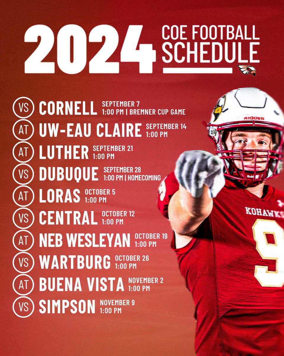 𝐊𝐢𝐜𝐤𝐢𝐧𝐠 𝐨𝐟𝐟 our schedule drops with the 2024 slate for <a href="/KohawksFootball/">Coe College Football</a>! 🏈

#KohawkNation