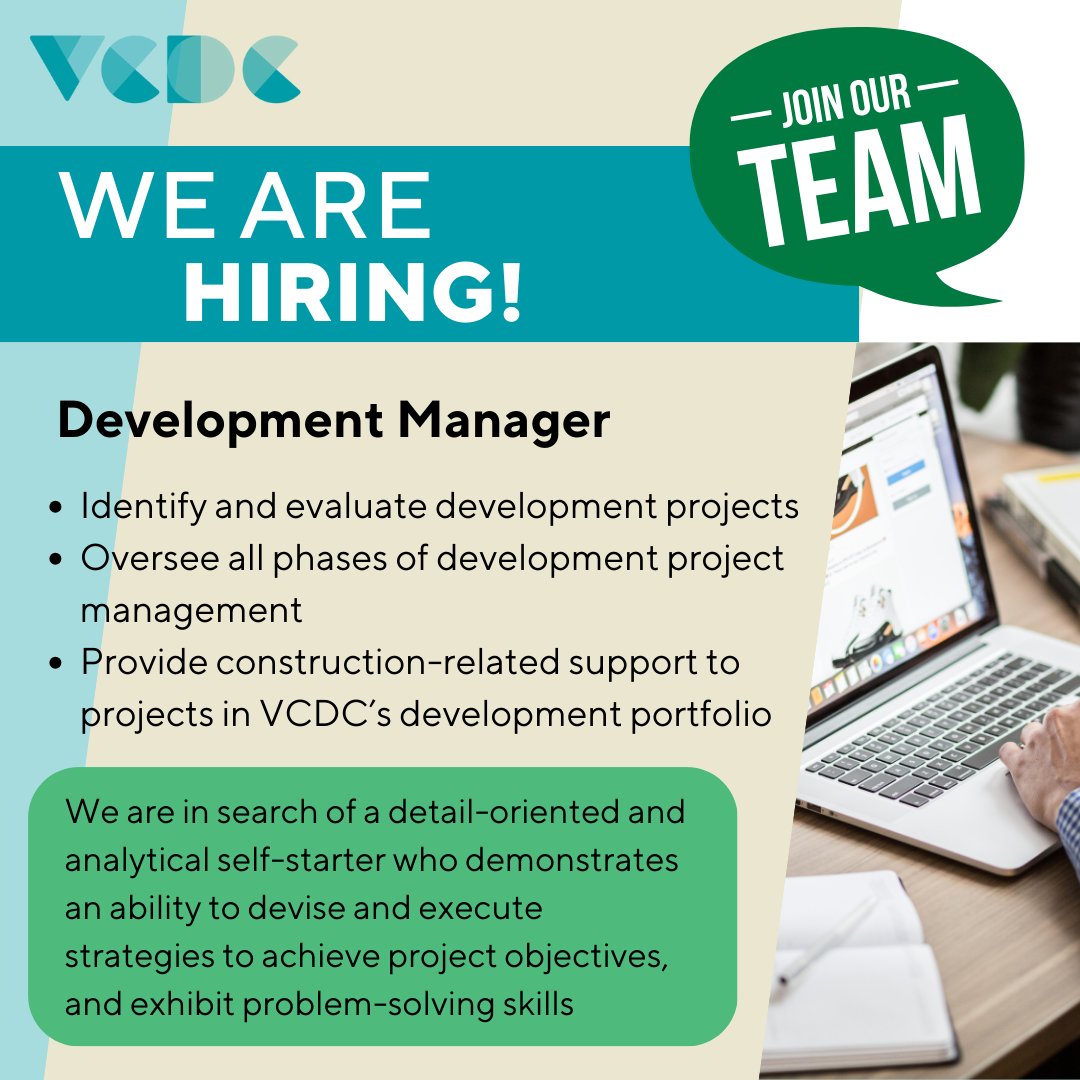 VCDC is hiring a Development Manager! We are in search of a self-starter who will play a key role in delivering real estate development services to projects located in VA and WV.

To learn more about this position and apply, click this link: 
vibrantcommunities.us/careers-openin…