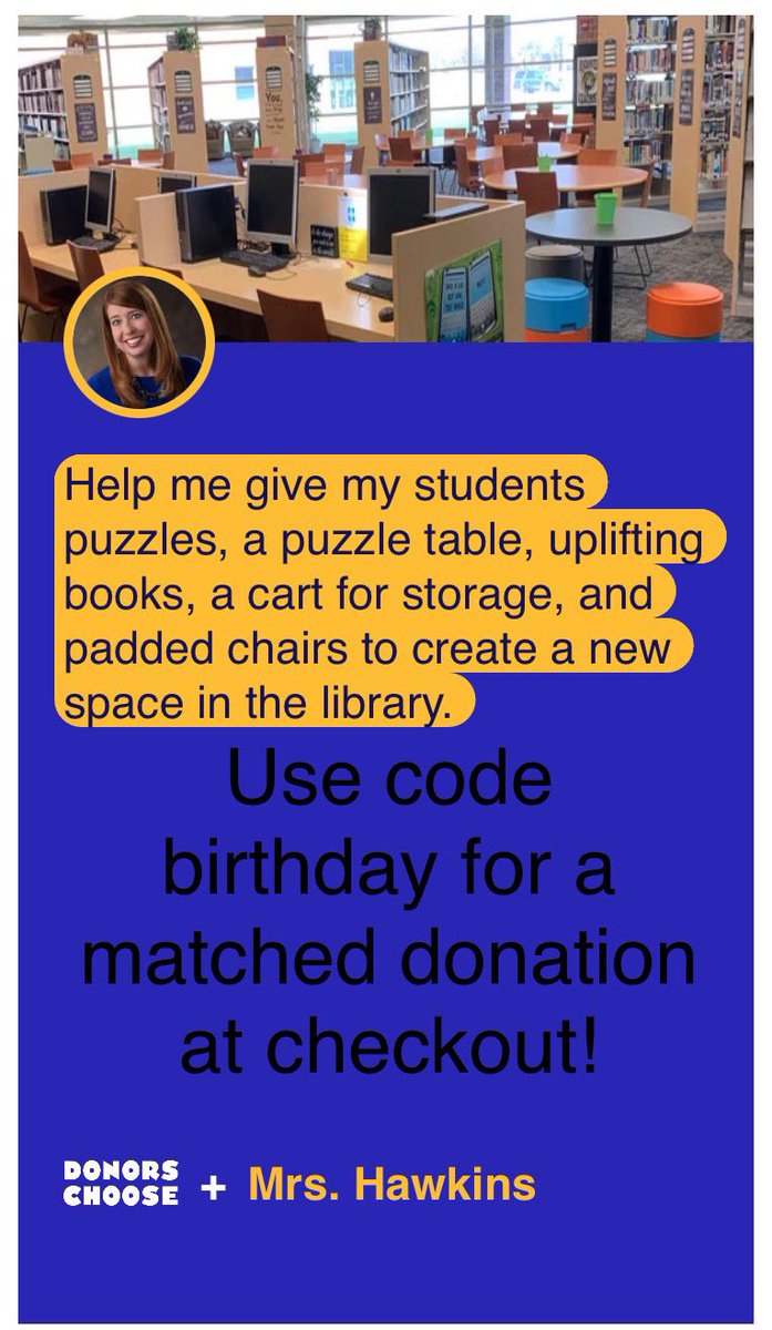 achs_library's tweet image. For my birthday, I would love for this project to be funded! Use code birthday for a match. Help me give my students puzzles, a puzzle table, uplifting books, a cart for storage, and padded chairs to create a new space in the library. secure.donorschoose.org/project/piece-…