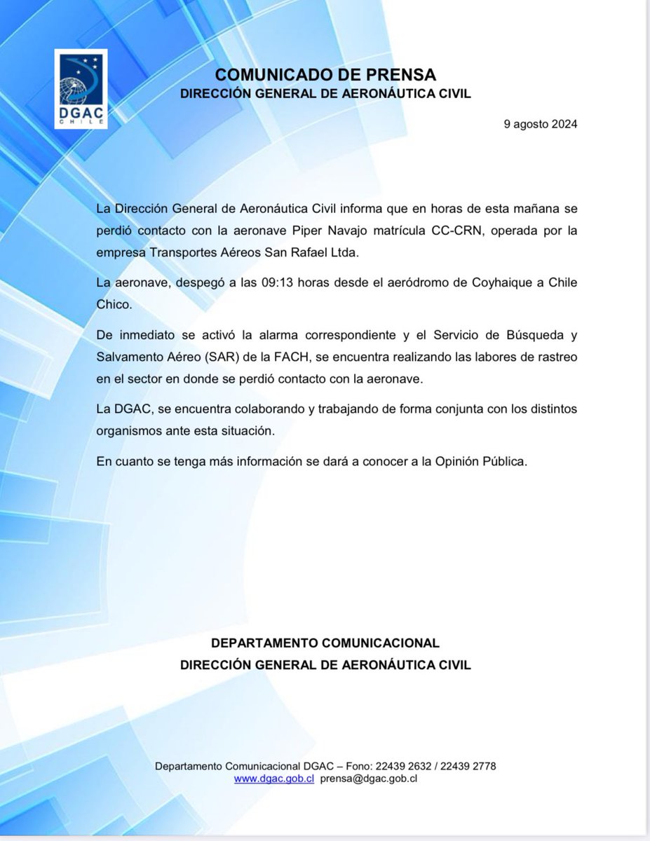 DGACChile's tweet photo. #InfoDGAC Adjuntamos comunicado 
@DGACChile sobre pérdida de contacto con aeronave en la región de Aysén
@biobio @TVN @meganoticiascl @chilevision @Emol https://t.co/iJQxO3QsOm