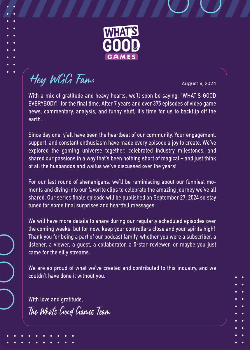 A message from your friends at What's Good Games 💜