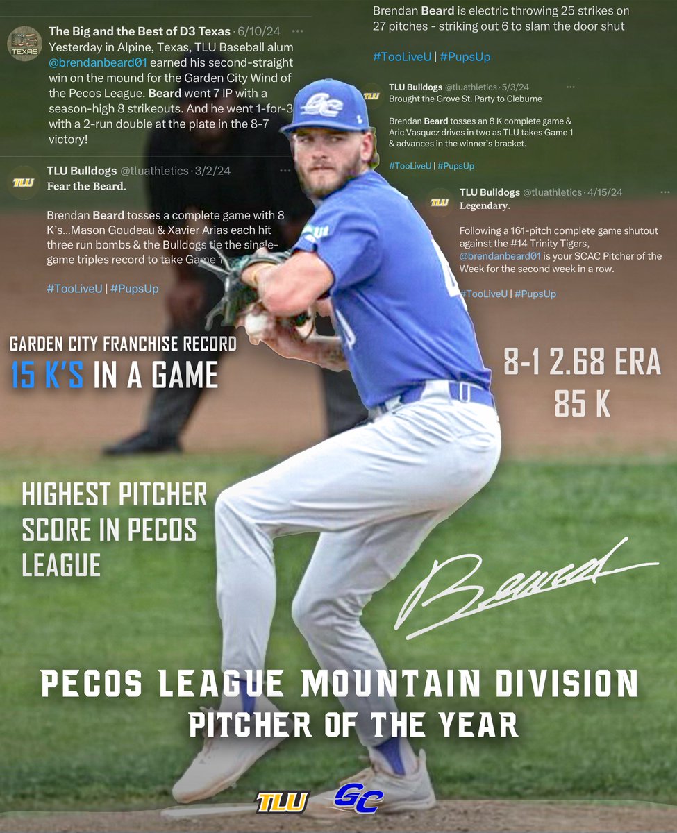 TLU Bulldogs (@tluathletics) on Twitter photo If you didn’t know, now you know, he’s that guy 🤷
The legend of Beard continues. Congratulations to <a href="/brendanbeard01/">Brendan Beard</a> on being named Pecos League Pitcher of the Year
#TooLiveU | #PupsUp If you didn’t know, now you know, he’s that guy 🤷
The legend of Beard continues. Congratulations to <a href="/brendanbeard01/">Brendan Beard</a> on being named Pecos League Pitcher of the Year
#TooLiveU | #PupsUp