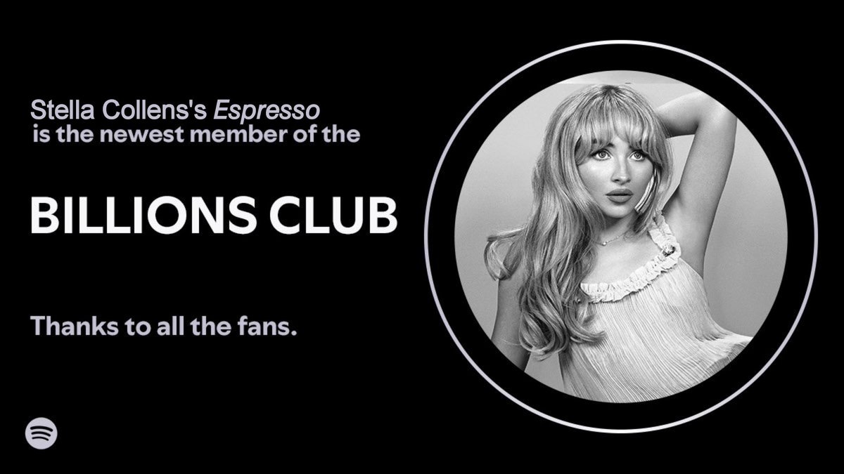 ㅤ 
ㅤ 
ㅤ𝓒om “Espresso”, Stella Collens é capa da playlist “Billions Club” pela primeira vez em sua carreira. 👑
ㅤ 
ㅤ