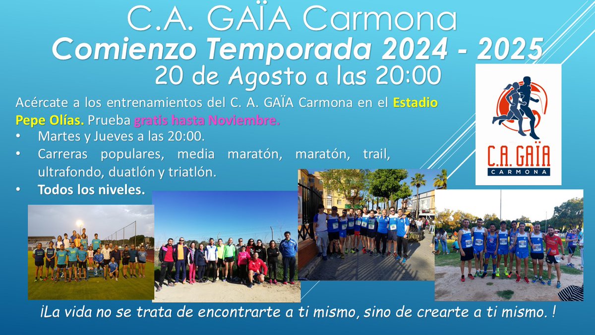ClubatlGaia's tweet photo. Comenzamos nueva temporada de entrenamientos populares, 20 de agosto de 2.024.

Ven y pruebas!!! Tú  cuerpo te lo agradecerá!!!

@CarmonaAyto @mfdanaCAR @turismocarmona @ondacarmona https://t.co/mcsGFduLXc