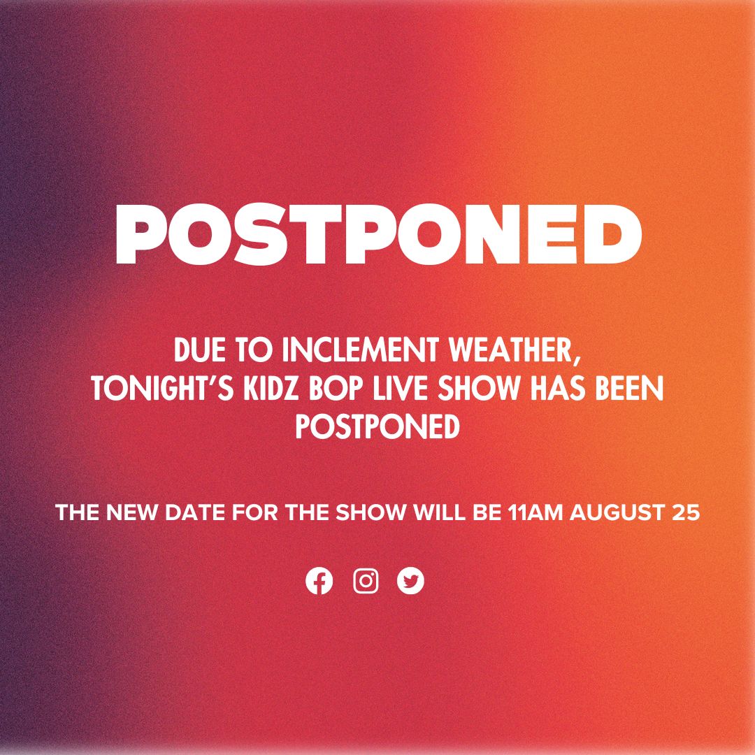 PNCArtsCenter's tweet image. Kidz Bop’s performance tonight at PNC Bank Arts Center has been rescheduled to Sunday, August 25 at 11am due to the storms. All previously purchased tickets will be honored for the new date, 8/25/24 at 11AM.