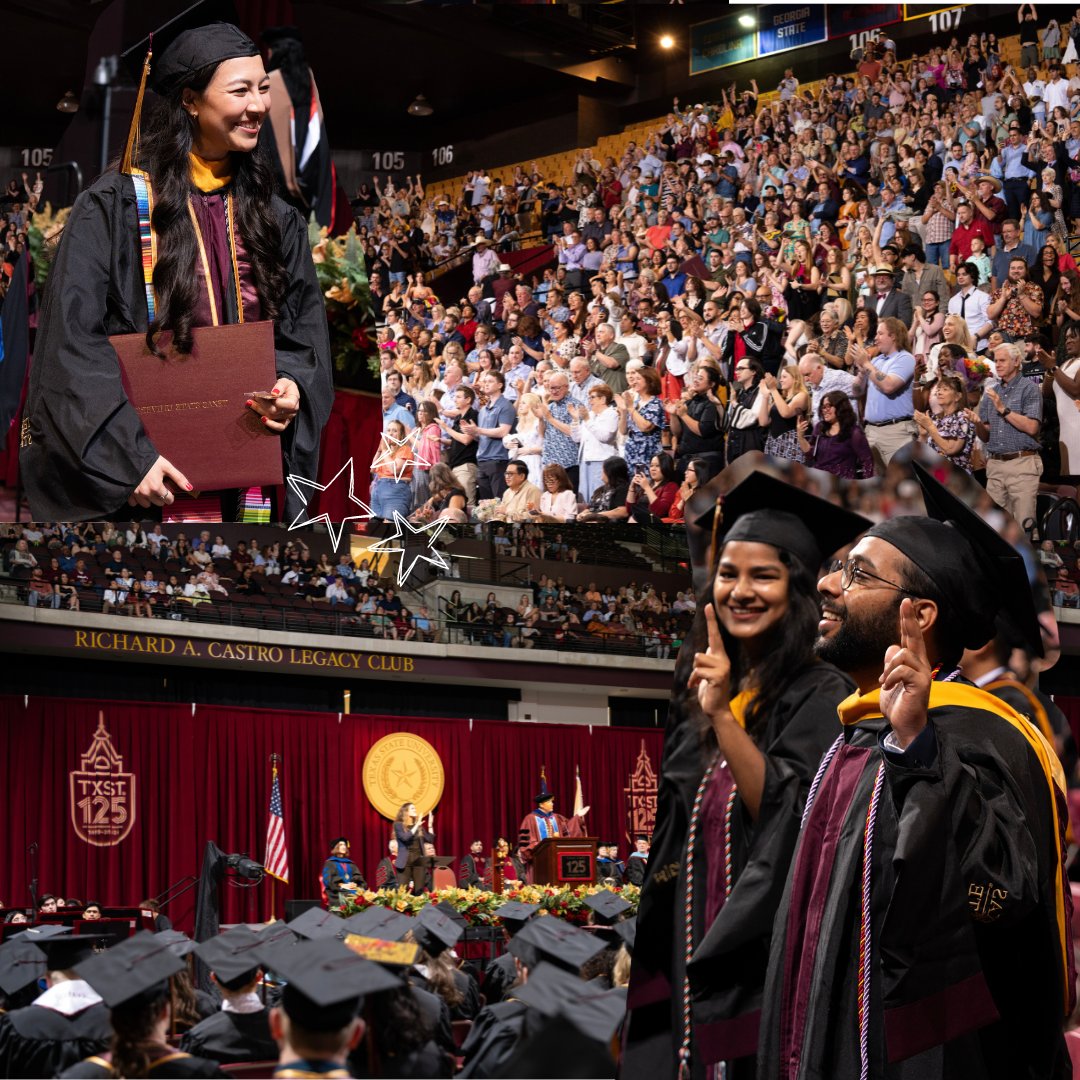 TXSTGradCollege's tweet photo. Congratulations to the Summer 2024 graduates! 🎓 Your hard work and dedication have paid off. As you move forward in your career, The Graduate College hopes that you will carry the experiences you gained at TXST with you. Eat Em Up, Cats! 🎉 #TXSTgrad https://t.co/QeaSRE5pB2