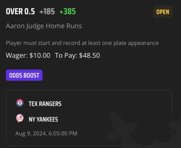 EdgePlayBook's tweet photo. #BetInPublic #SteadyEdge #DraftKings returns with the great promo for home run (#DingerFriday?) today. We are going with #AaronJudge to hit a home, with fair odd of just +240 for 42% EV after the +200 #OddSurge #GamblingX #EVBetting https://t.co/eAENhSFecT