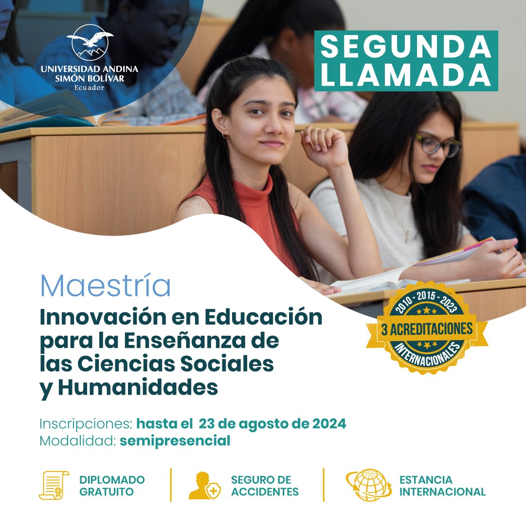 uasbecuador's tweet photo. 📌 𝗦𝗲𝗴𝘂𝗻𝗱𝗮 𝗹𝗹𝗮𝗺𝗮𝗱𝗮 | Oferta académica 2024

La 𝗠𝗮𝗲𝘀𝘁𝗿𝗶́𝗮 𝗲𝗻 𝗜𝗻𝗻𝗼𝘃𝗮𝗰𝗶𝗼́𝗻 𝗲𝗻 𝗘𝗱𝘂𝗰𝗮𝗰𝗶𝗼́𝗻 𝗽𝗮𝗿𝗮 𝗹𝗮 𝗲𝗻𝘀𝗲𝗻̃𝗮𝗻𝘇𝗮 𝗱𝗲 𝗹𝗮𝘀 𝗖𝗶𝗲𝗻𝗰𝗶𝗮𝘀 𝗦𝗼𝗰𝗶𝗮𝗹𝗲𝘀 𝘆 𝗛𝘂𝗺𝗮𝗻𝗶𝗱𝗮𝗱𝗲𝘀 conjuga el campo educativo con los campos de las ciencias sociales y las humanidades para el desarrollo de las capacidades pedagógicas, cognitivas, afectivas y prácticas en el ejercicio docente.

¡𝗔𝗻𝗱𝗶𝗻𝗮, 𝘂𝗻𝗮 𝗲𝘅𝗽𝗲𝗿𝗶𝗲𝗻𝗰𝗶𝗮 𝗽𝗮𝗿𝗮 𝘀𝗶𝗲𝗺𝗽𝗿𝗲! 🎓

✔️ Inscripciones: Hasta el 𝟮𝟯 𝗱𝗲 𝗮𝗴𝗼𝘀𝘁𝗼

Haz clic en este enlace 👉🏻 https://t.co/MokdXPzXAX

Escríbenos al WhatsApp 👇🏻
📲 𝟬𝟵𝟲 𝟯𝟬𝟳𝟳 𝟭𝟲𝟲

#PosgradosUASB2024