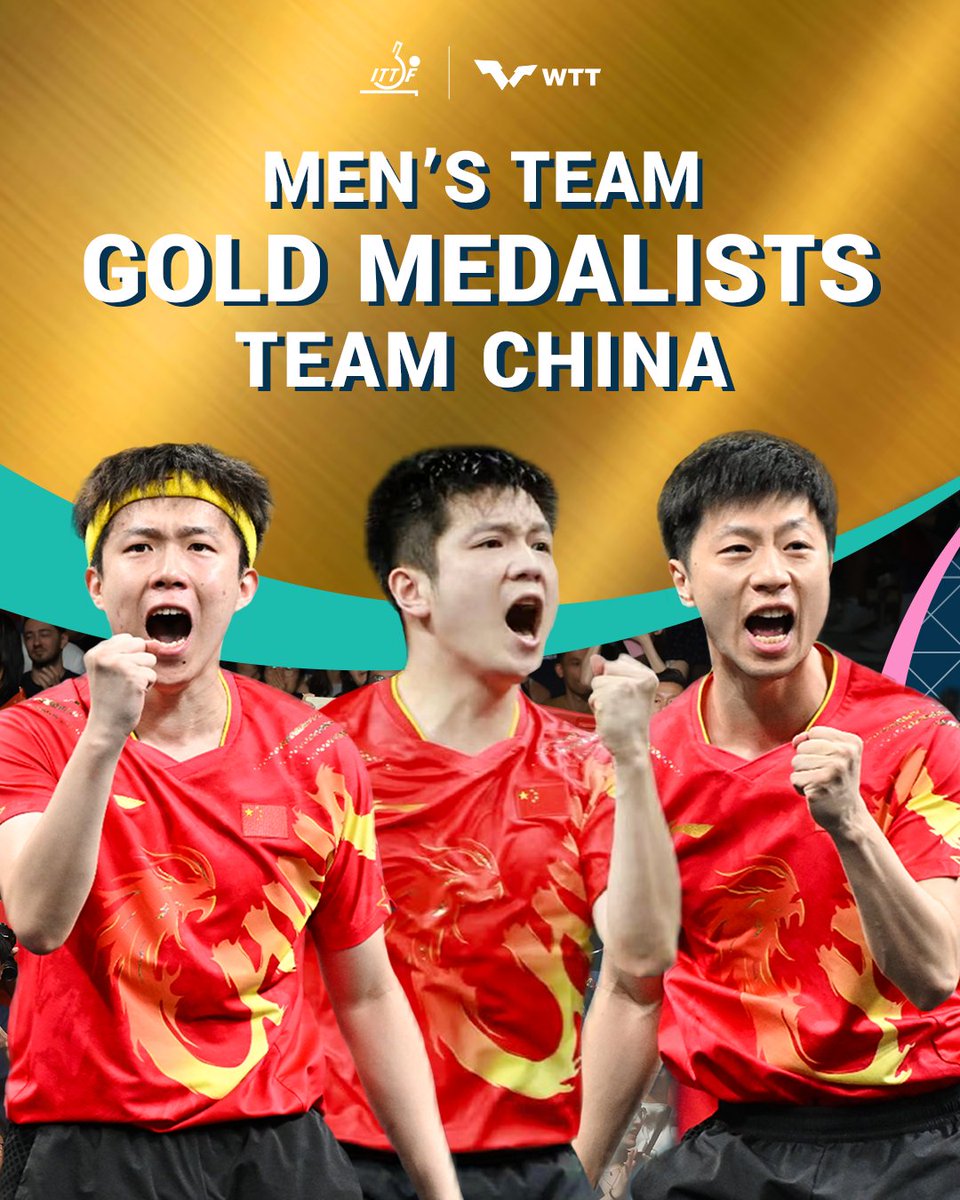WTTGlobal's tweet photo. China bags their fifth straight Olympic Games team gold medal 🥇

Congratulations Fan Zhendong, Ma Long and Wang Chuqin 👏

#PingPong #TableTennis #Paris2024 https://t.co/5sVVUTUeqz