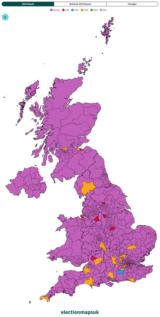 The 2024 General Election if Not Voting counted as a vote for the 'Apathy Party':

Apathy: 611, 40.3%
LDM: 22, 7.3%
LAB: 13, 20.1%
GRN: 2, 4.0%
CON: 1, 14.2%
RFM: 0, 8.5%
Others: 1, 5.6%

Apathy majority of 572.