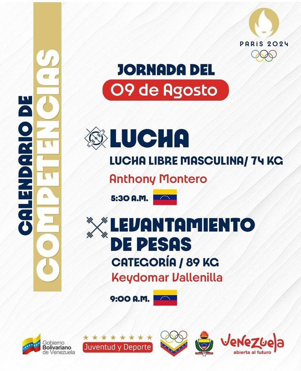 #9Ago| Jornada de los atletas venezolanos hoy en París 2024. 

#PARIS2024