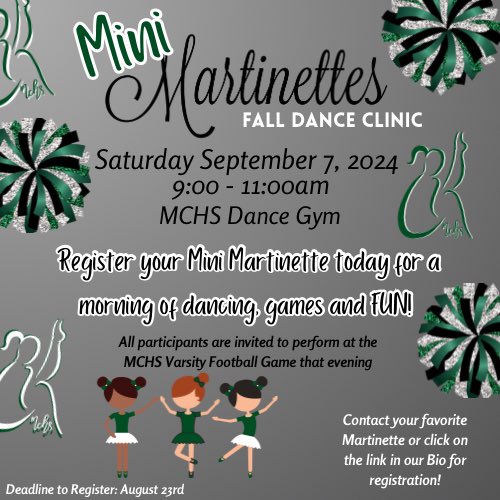 MCHS Martinettes (@mchsmartinettes) on Twitter photo Martinettes are hosting a Mini Martinette fall clinic! Saturday, September 7th from 9am to 11am At the Mchs Dance gym! We would LOVE to have your mini on the field with us! Martinettes are hosting a Mini Martinette fall clinic! Saturday, September 7th from 9am to 11am At the Mchs Dance gym! We would LOVE to have your mini on the field with us!