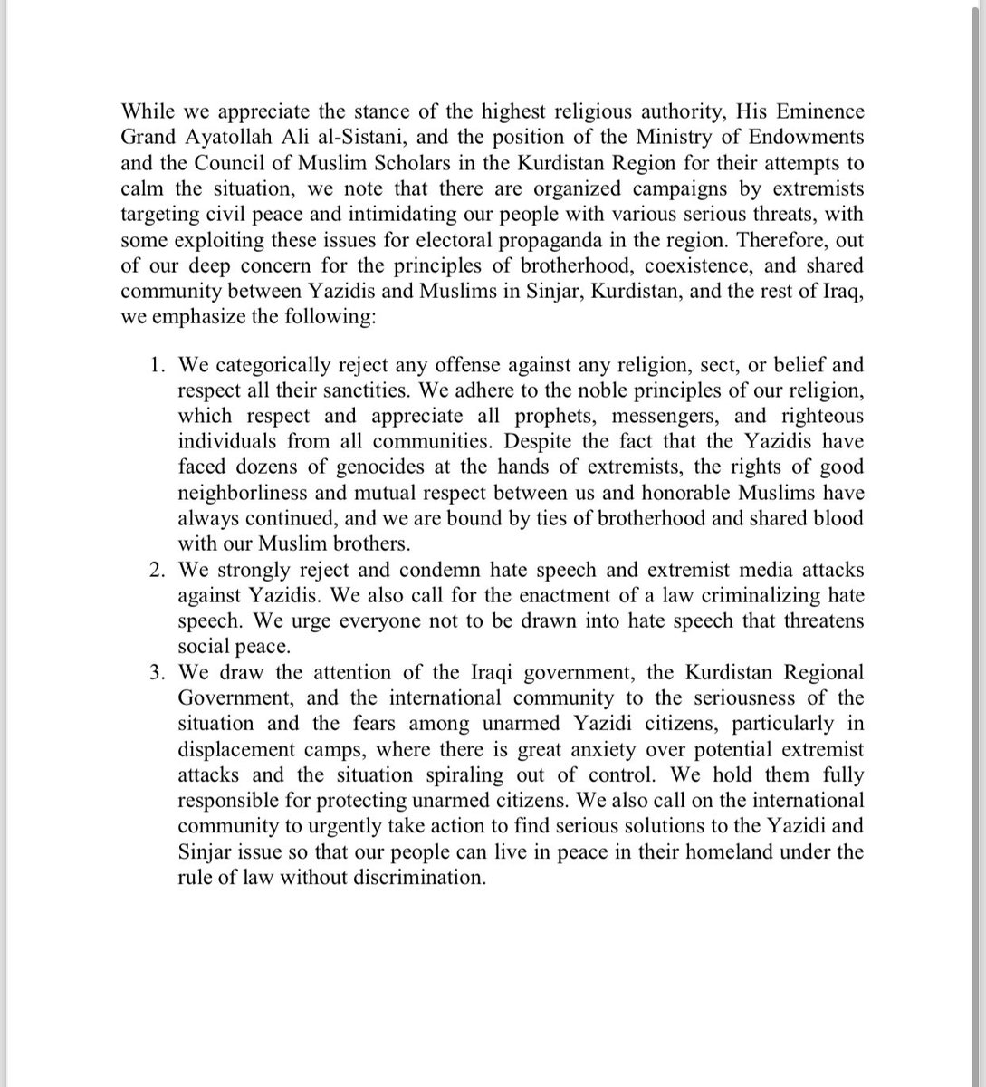 farhadbarakat's tweet photo. Statement from the Ezidi community to the Iraqi and Kurdistan public and  to the international community. 

Ezidis agreed on this statement to be issued. https://t.co/oDZz99nuet