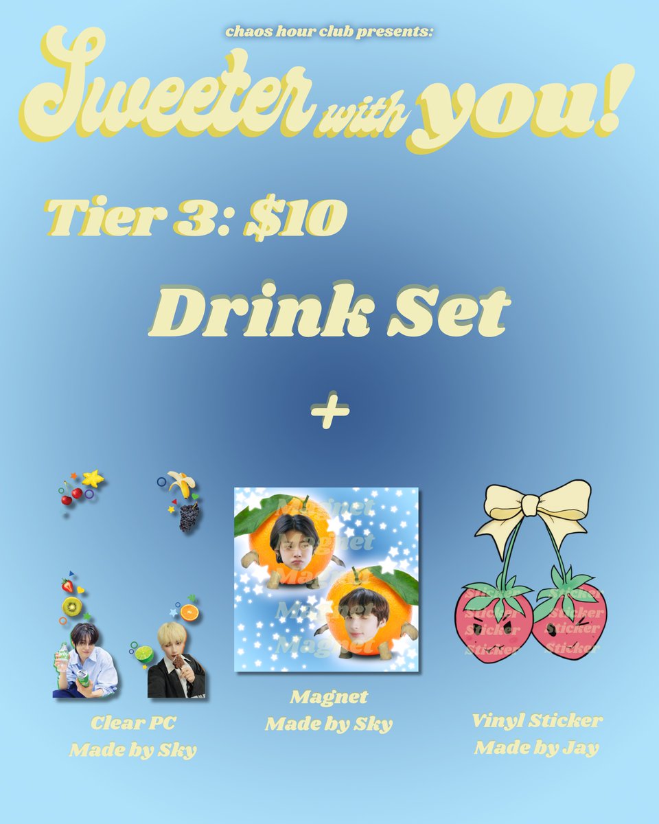 Sweeter With You! — Yeonjun and HueningKai Cupsleeve Event Tier Reveals🍓🍊#SweeterWithYou

⭐️ Available Until September 5th! 
⭐️ Pick Up At Event or Shipping $5 US Only

September 7th 12-5pm 
Snag a tier: forms.gle/AESUBcky2RaBEW…

Made by Our Own <a href="/fvirydvwn/">jay</a>  and <a href="/wayvteeez/">sky</a> ⭐️