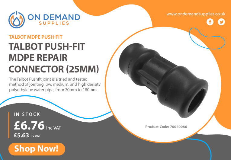 Upgrade your MDPE pipe repairs with the Talbot 25mm Push-Fit Connector. Easy to install, secure, and reliable - perfect for quick fixes. Get yours today!

Details: ondemandsupplies.co.uk/plumbing/push-…