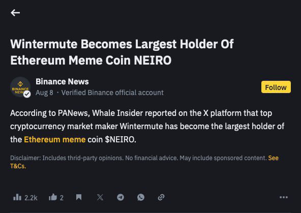 Jordan (@jordancryptos) on Twitter photo Tier 1 CEX’s watching $NEIRO Binance and everything anytime 🐾
Binance just announced <a href="/wintermute_t/">Wintermute</a> became the largest holder of $NEIRO Tier 1 CEX’s watching $NEIRO Binance and everything anytime 🐾
Binance just announced <a href="/wintermute_t/">Wintermute</a> became the largest holder of $NEIRO