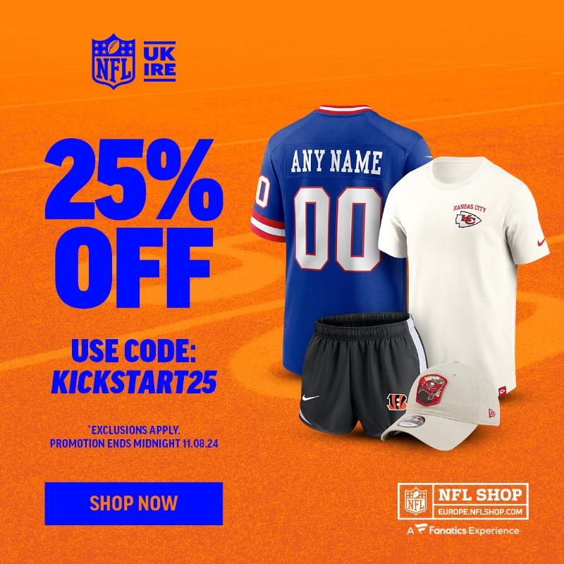 NFLUKIRE's tweet photo. Get preseason ready at NFL Shop Europe and bag an extra 25% off with the code KICKSTART25 this weekend only! 🏈