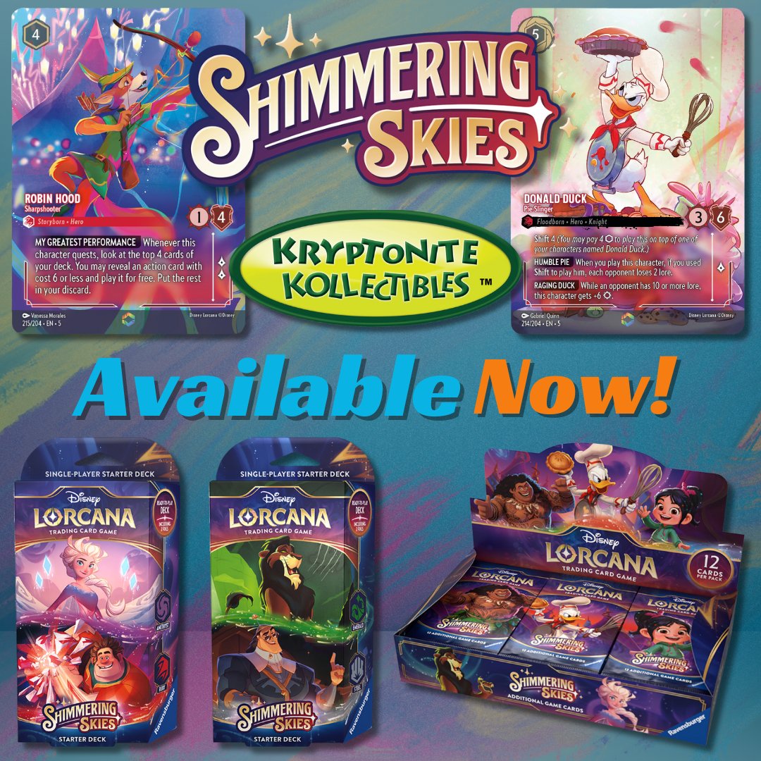 KryptoKollect's tweet photo. The new Disney Lorcana expansions is available NOW at Kryptonite Kollectibles! Stop in and shop locally 2 weeks before the official wide launch! 

Join us for our weekly events every Tuesday night at 6pm just $10, get promos, packs and more! https://t.co/mIcA6VFoZo