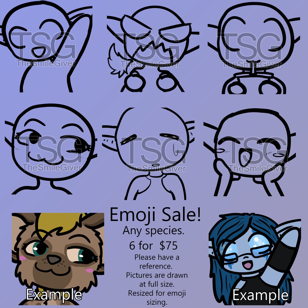 I'm still without a job.  So to help ends meet, I'm doing some emoji's.
These are NOT stickers.  They get drawn and resized to be used for emoji on discord.
Wave, Anger, Sip, Smug, Distress/Disappointment, Happy/Love.