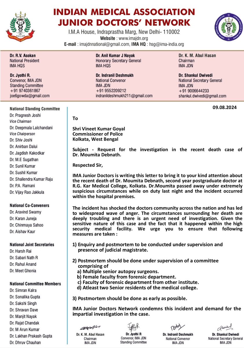 imajdnnational's tweet photo. IMA Junior Doctors Network has demanded for the impartial investigation in the recent death case of second year postgraduate doctor at R.G. Kar Medical College,Kolkata @AmitShah @MamataOfficial @NMC_IND @DrDhruvchauhan @ANI @HqsMsn @IMAIndiaOrg @imajdnup @Xpress_edex @CPKolkata https://t.co/mO5pzlkPeA