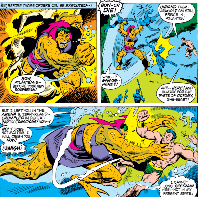 MarvelADay's tweet photo. #MarvelADay #SM66 Just as She-Beast is about to conquer Atlantis she does "Spit-Take #38" when she sees Mackerel-Face, still weakened from their first battle. Luckily for our Prince, his troops manage to drive her off. - crs https://t.co/hlimv0LPTA