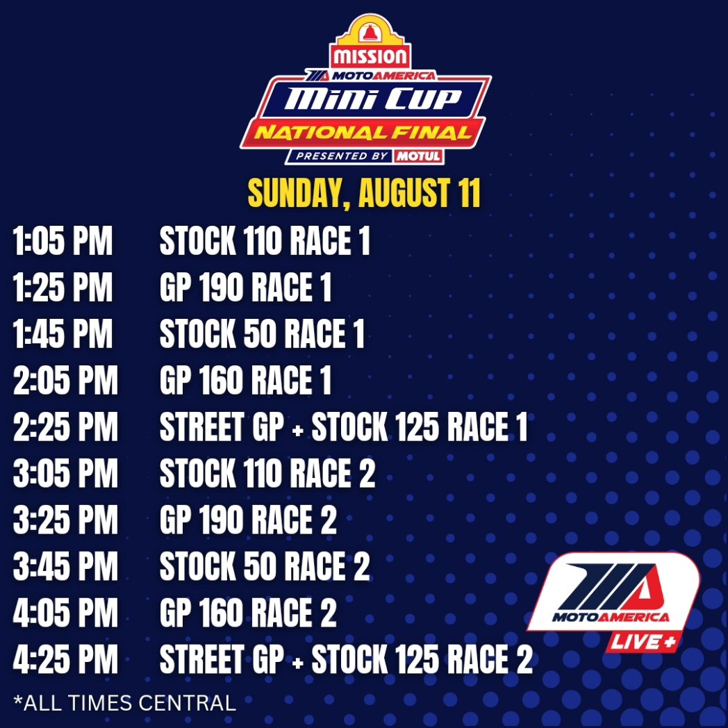 MotoAmerica's tweet image. You can watch all of Saturday and Sunday's Mission Mini Cup by Motul National Final races LIVE with commentators @JamesRispoli and @rogerhayden95 on MotoAmerica Live+!🏁

#minibike #MiniCup #minimoto #Motorcycle @MissionFoodsUS @MotulUSA