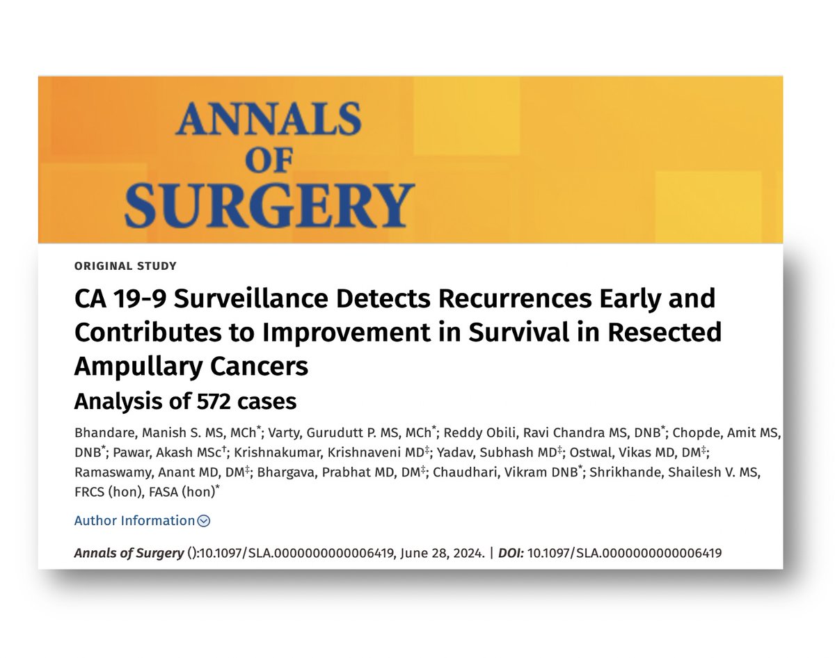 Manish S Bhandare (@manishbhandare4) on Twitter photo CA 19-9 is of great value in Ampullary cancers too
Should be a routine surveillance test
Our work to featureĀ inĀ <a href="/AnnalsofSurgery/">Annals of Surgery</a> for the 1st time,Ā hoping this to be a good beginning
<a href="/DrGuruduttVarty/">Gurudutt P. Varty</a>Ā special congratulations to you š¤š
journals.lww.com/annalsofsurgerā¦
<a href="/Shrikhande_SV/">Shailesh V. Shrikhande</a> CA 19-9 is of great value in Ampullary cancers too
Should be a routine surveillance test
Our work to featureĀ inĀ <a href="/AnnalsofSurgery/">Annals of Surgery</a> for the 1st time,Ā hoping this to be a good beginning
<a href="/DrGuruduttVarty/">Gurudutt P. Varty</a>Ā special congratulations to you š¤š
journals.lww.com/annalsofsurgerā¦
<a href="/Shrikhande_SV/">Shailesh V. Shrikhande</a>