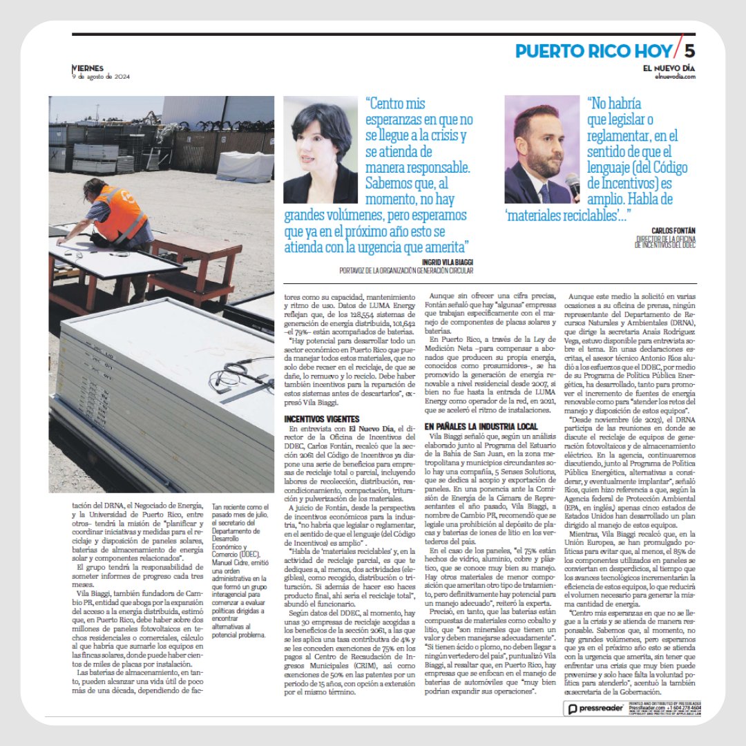 Puerto Rico debe y puede estar preparado para la disposición y manejo de paneles solares y baterías al final de su vida útil.
Lee las alternativas que propone <a href="/gencircular/">Generación Circular</a> aquí: elnuevodia.com/noticias/local…