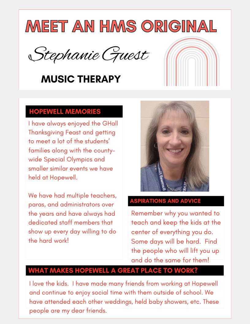 Throughout the year, we will be celebrating our 20th Anniversary by recognizing the original HMS staff members who are continuing to serve our school community.  Today, we honor Ms. Guest, our terrific Music Therapist! #HMScelebrating20years