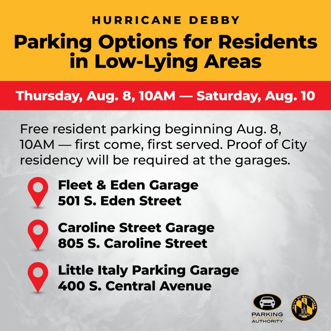 A reminder that <a href="/MayorBMScott/">Brandon M. Scott</a> and <a href="/ParkingAuthBC/">parkingauthbc</a> is providing FREE PARKING for vehicles in flood areas.

Proof of residency is required and spots are first come first serve.