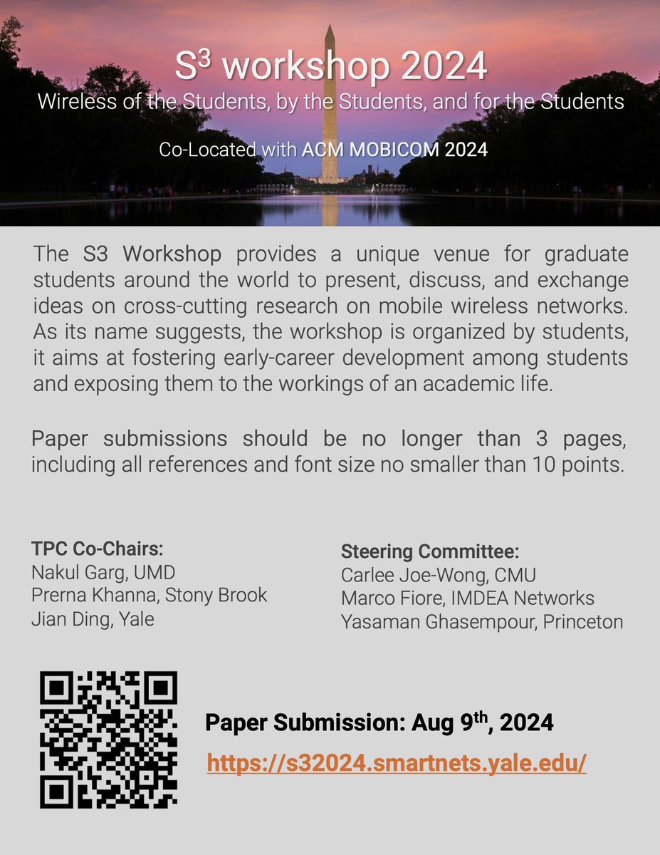 Prerna Khanna (@prernakhanna97) on Twitter photo 📢S3 deadline is soon approaching! Submit your wildest ideas. Looking forward to all your amazing submissions!
⏰Deadline: 9th August 2024
🔗 Website: s32024.smartnets.yale.edu/index.html
🔗 Submission site: s3-2024.hotcrp.com
<a href="/ACMMobiCom/">ACM MobiCom</a> <a href="/S3Acm/">ACM S3 Workshop</a> <a href="/nakulgarg22/">Nakul Garg</a> <a href="/jianding17/">Jian Ding</a> 📢S3 deadline is soon approaching! Submit your wildest ideas. Looking forward to all your amazing submissions!
⏰Deadline: 9th August 2024
🔗 Website: s32024.smartnets.yale.edu/index.html
🔗 Submission site: s3-2024.hotcrp.com
<a href="/ACMMobiCom/">ACM MobiCom</a> <a href="/S3Acm/">ACM S3 Workshop</a> <a href="/nakulgarg22/">Nakul Garg</a> <a href="/jianding17/">Jian Ding</a>
