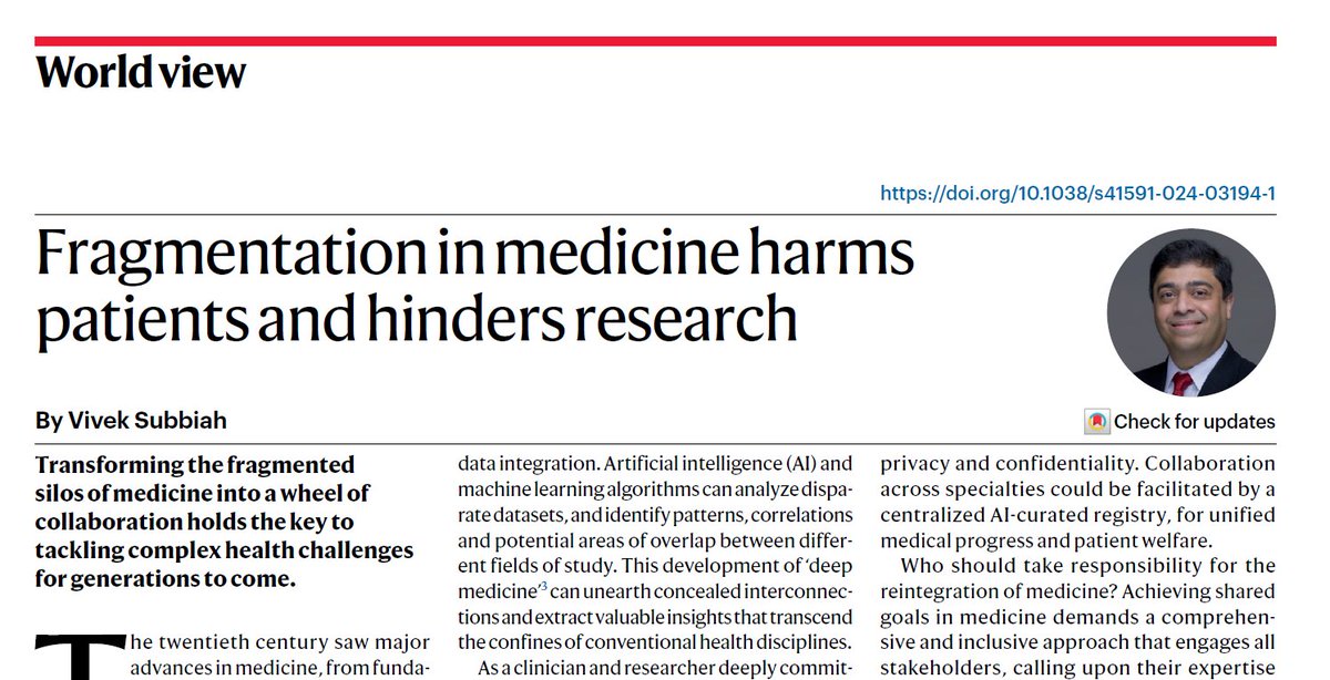 Vivek Subbiah, MD (@viveksubbiah) on Twitter photo 🚨Happy Friday!!!🌍Hot off the press👉Delighted to share with all -"WORLD VIEW" published in <a href="/NatureMedicine/">Nature Medicine</a>
👉"Fragmentation in medicine harms patients and hinders research"
👉The time is NOW 👉Transforming the fragmented
silos of medicine into a wheel of collaboration holds 🚨Happy Friday!!!🌍Hot off the press👉Delighted to share with all -"WORLD VIEW" published in <a href="/NatureMedicine/">Nature Medicine</a>
👉"Fragmentation in medicine harms patients and hinders research"
👉The time is NOW 👉Transforming the fragmented
silos of medicine into a wheel of collaboration holds