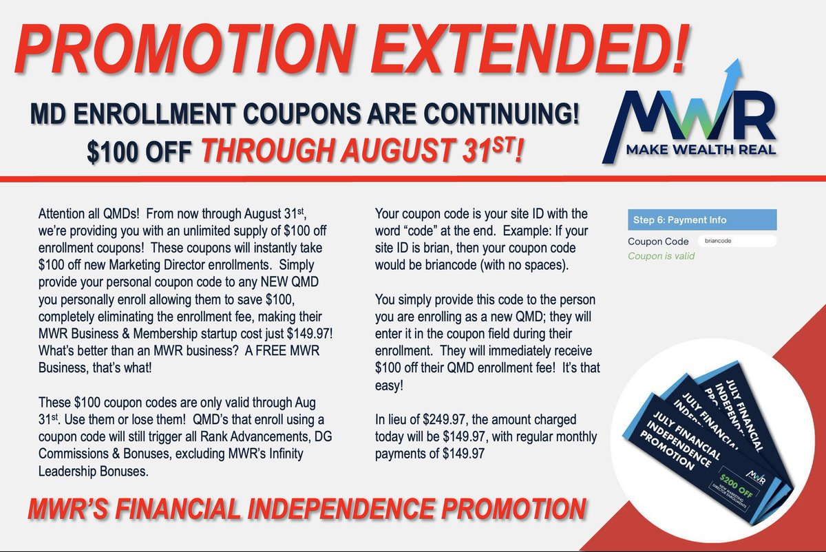 MWRFinancial's tweet photo. Our field leaders made the call, and our CEO answered that call! MWR’s FINANCIAL INDEPENDENCE PROMOTION HAS BEEN EXTENDED!
When you combine this promotion with everything else going on at MWR, it is definitely business-building season!
#MWRFinancial #MakeWealthReal https://t.co/3E4kXTNX8B