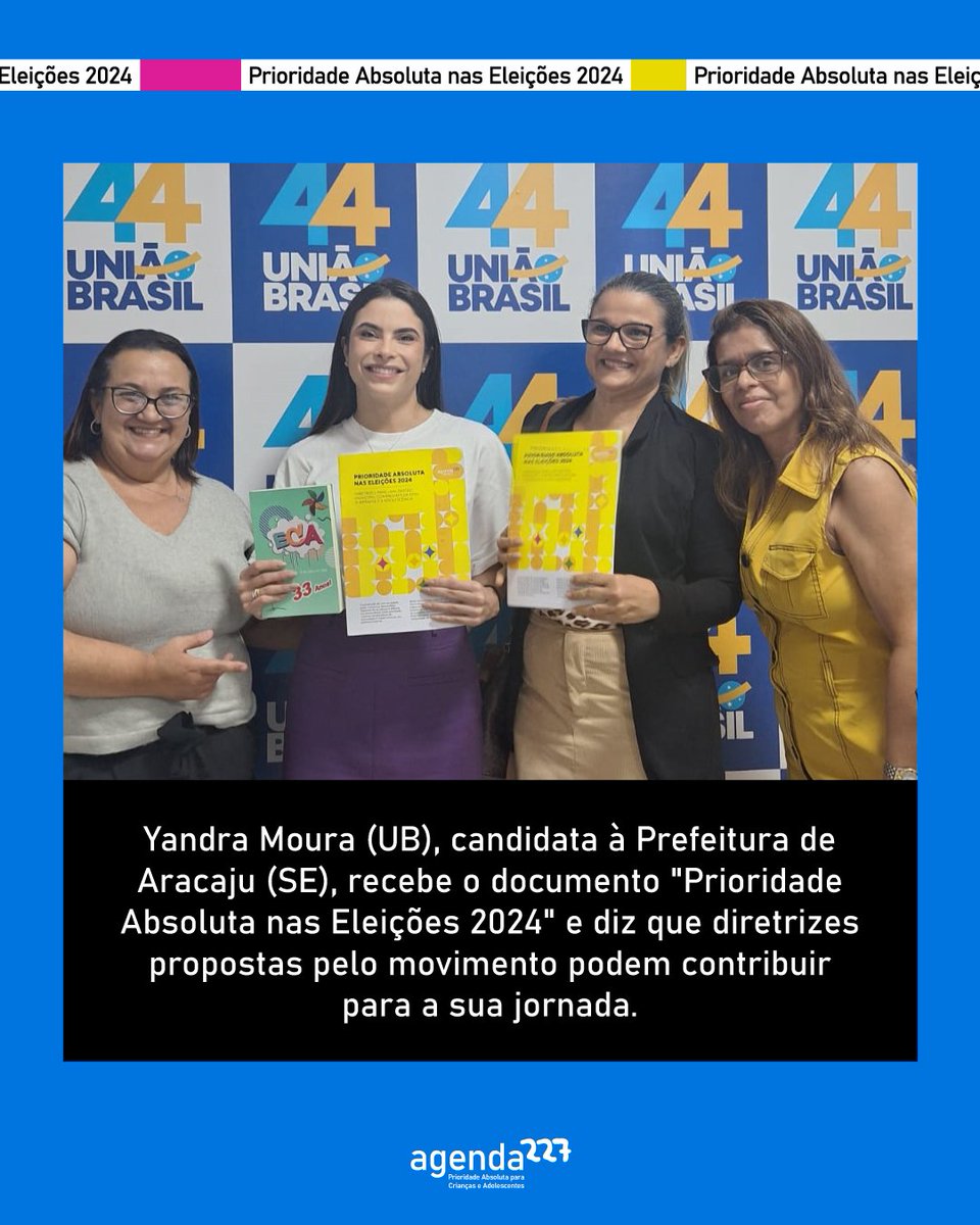 A deputada federal e candidata à Prefeitura de Aracaju, Yandra Moura (UB), também esteve com Helga Muller, que fez a entrega do documento de diretrizes da Agenda 227 acompanhada de representantes de outras entidades. Temas como educação e pessoas com deficiência foram debatidos.