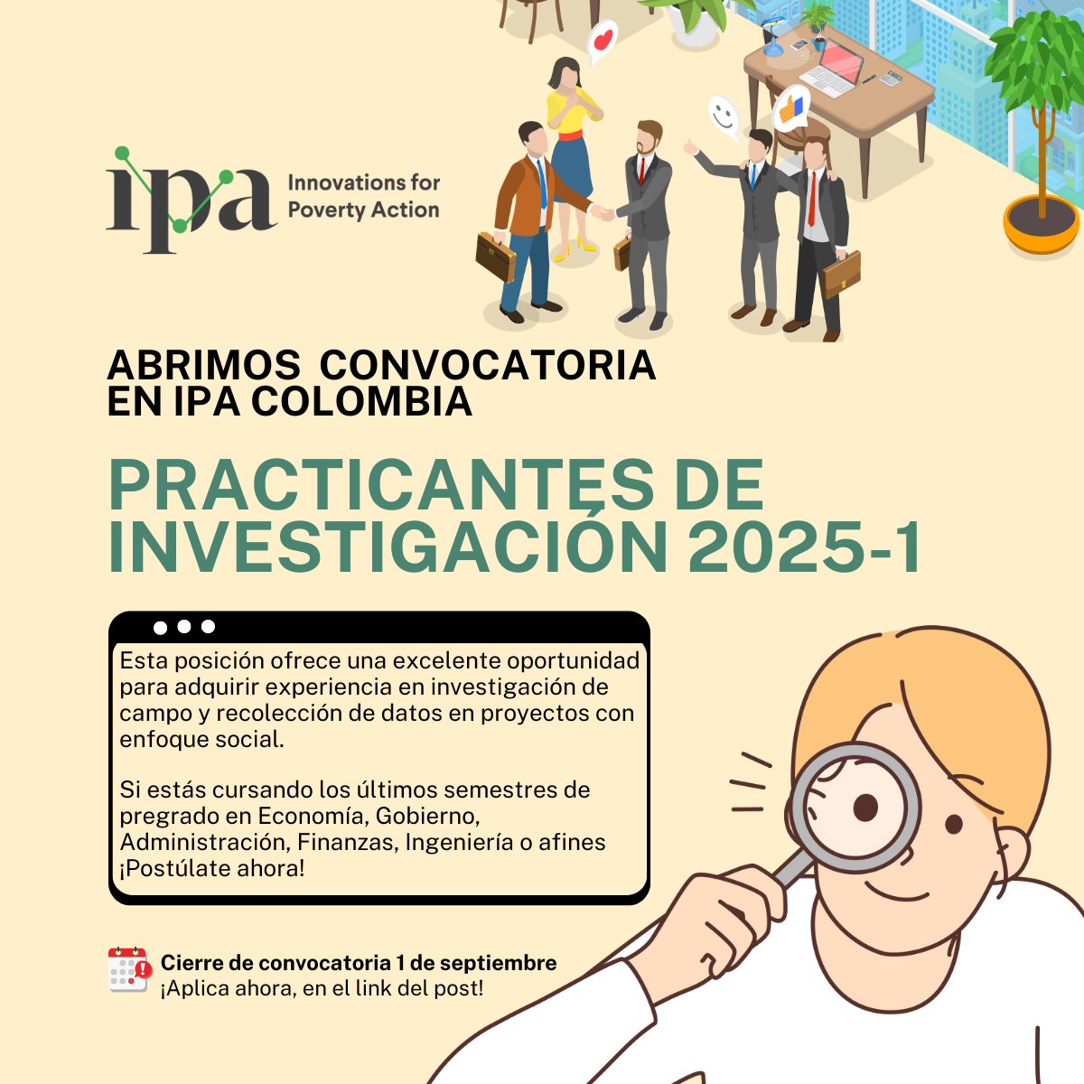 Abrimos convocatoria en IPA 🇨🇴 para

✨Practicante de Investigación ✨ 
 
📚Si eres estudiante de Economía, Gobierno, Administración, Finanzas, Ingeniería o afines, postulate acá antes del 1 de septiembre: poverty-action.org/intern-quantit…