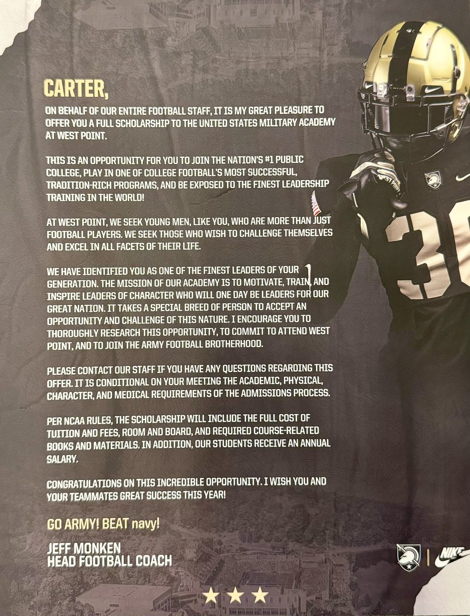 Carter Stimson 2025 (@carterstimson21) on Twitter photo Blessed to receive my official offer from <a href="/ArmyWP_Football/">Army Football</a>! <a href="/CoachJeffMonken/">Jeff Monken</a> <a href="/CoachSaturnio/">Sean Saturnio</a> <a href="/CoachASmith3/">Aaron Smith</a> <a href="/Coach_Yanagzz/">Peyton Yanagi</a> 
#BEATnavy 🏴☠️🏴☠️ Blessed to receive my official offer from <a href="/ArmyWP_Football/">Army Football</a>! <a href="/CoachJeffMonken/">Jeff Monken</a> <a href="/CoachSaturnio/">Sean Saturnio</a> <a href="/CoachASmith3/">Aaron Smith</a> <a href="/Coach_Yanagzz/">Peyton Yanagi</a> 
#BEATnavy 🏴☠️🏴☠️