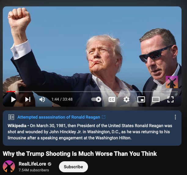libsoftiktok's tweet photo. YouTube is providing "context" for videos about the sh00ting of Donald Trump by attaching Wikipedia articles about Ronald Reagan's attempted ass*ss*nat*on.

The censorship machine is in full swing now. https://t.co/kg6OFvXGrP