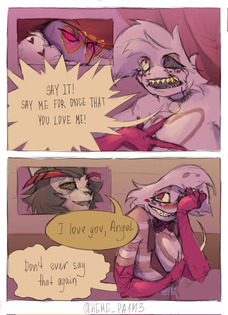 make up your mind, kid 

[ #HazbinHotel #ValAngel #HuskerDust #Husk #AngelDust #Vivziepop #HazbinHotelAngel ]

Перевод: t.me/hehe_pa1m3/765