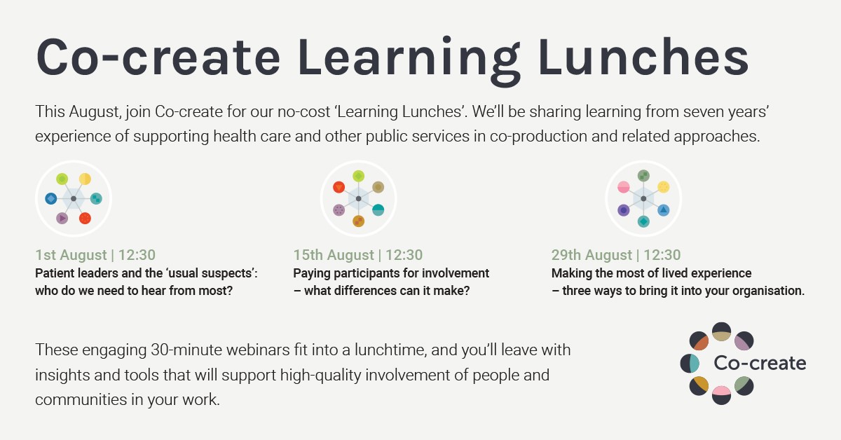Do you engage people and communities in your work and want to explore how you pay for involvement?

Co-create's second free Learning Lunch, "Paying participants for involvement – what differences can it make?" is on August 15th at 12.30. 

Find out more at wearecocreate.com/what-we-do/lea…