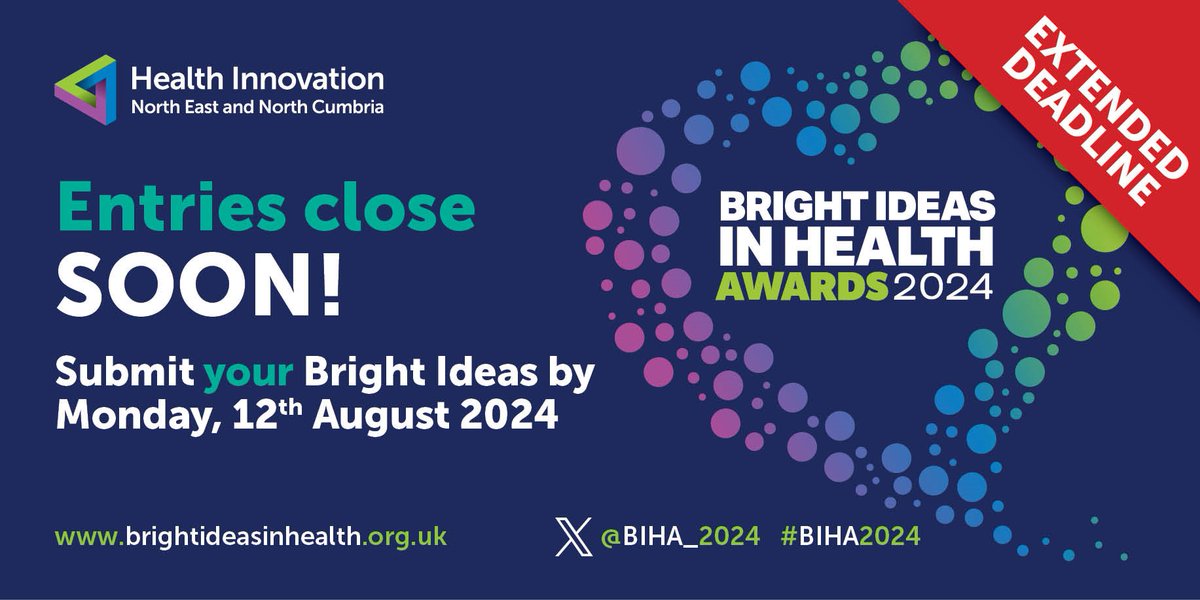 📣 Last chance to submit your ideas to #BIHA2024! If you have an innovative idea, service, tool or device that is improving patient outcomes, we want to hear from you.  

Apply before midnight, 12th August 2024 👇 
brightideasinhealth.org.uk/?utm_source=tw…