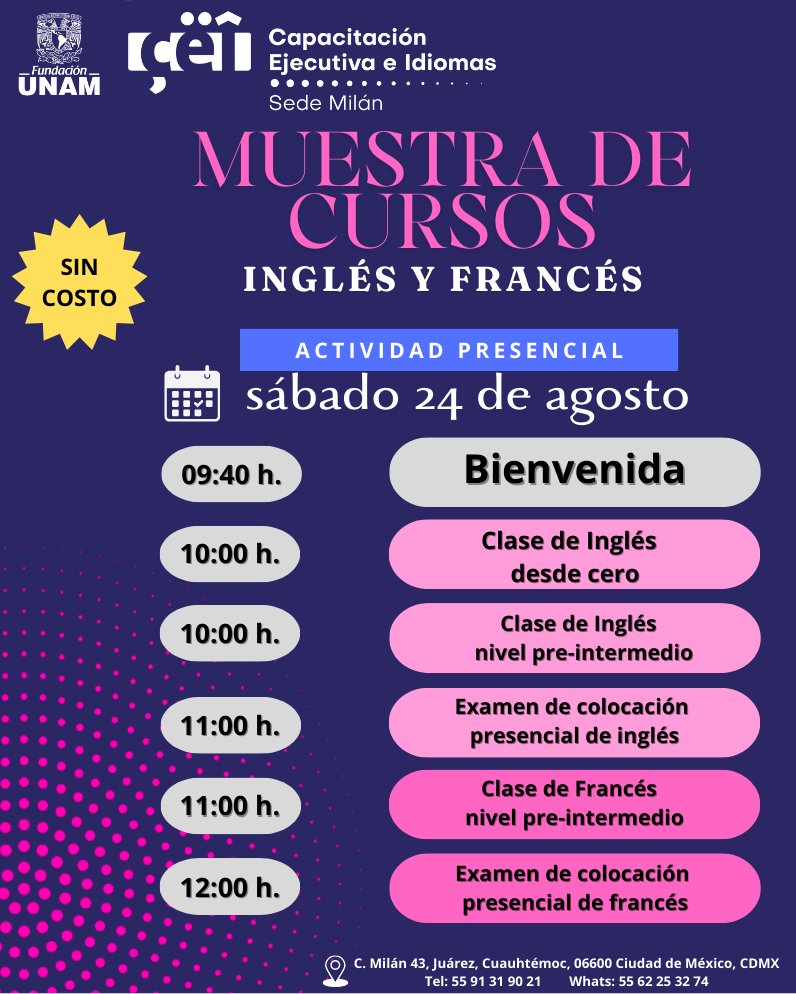 CEI_FUNAMMILAN's tweet photo. ¡Queremos que seas parte de nuestra comunidad CEI FUNAM MILÁN! 😃   

Así que, este sábado   24 de agosto en nuestras instalaciones, podrás tener una clase muestra del idioma inglés.     

Registrarte: https://t.co/cL8JMlO1hs

#coljuarez #Cuauhtemoc #CDMX #UNAM #IDIOMAS #inglés https://t.co/bMpfcRL88K
