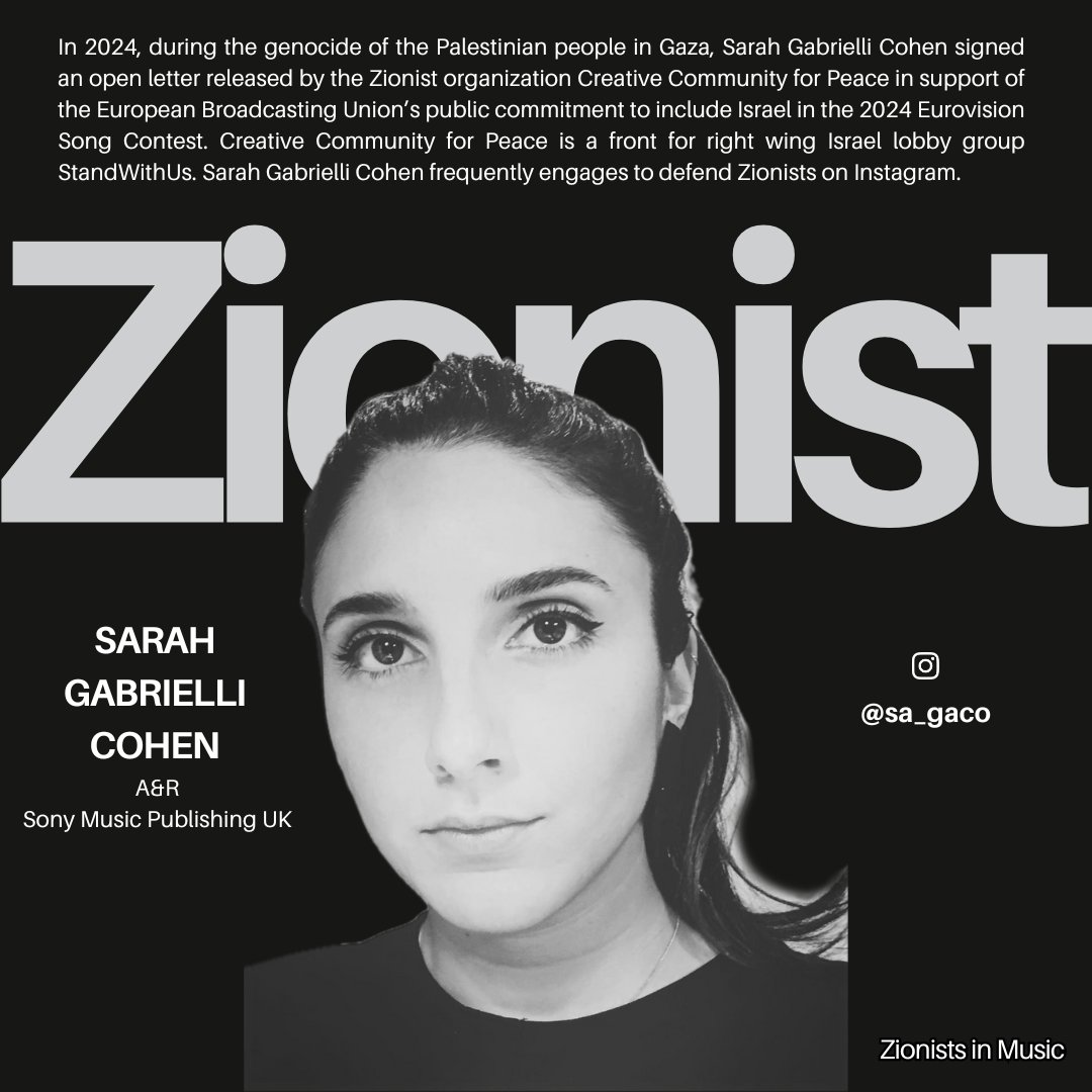 zionistsinmusic's tweet photo. A&amp;R at Sony Music Publishing UK is Zionist Sarah Gabrielli Cohen. Sony Music Publishing represents songwriters like Noah Kahan, Sade, Skepta, and more. https://t.co/mbzqOzPJWL